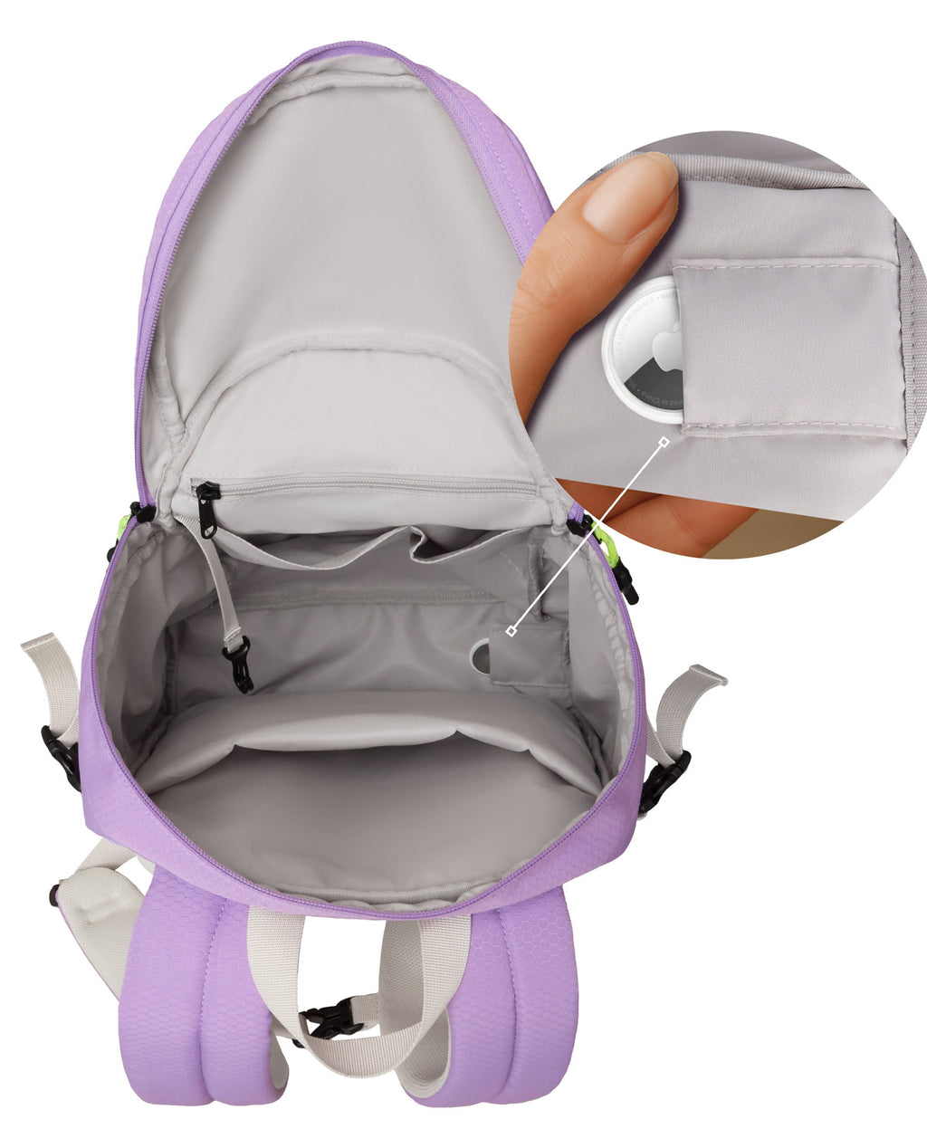 Innenansicht des Rucksacks von Jo&Lu mit AirTag-Fach